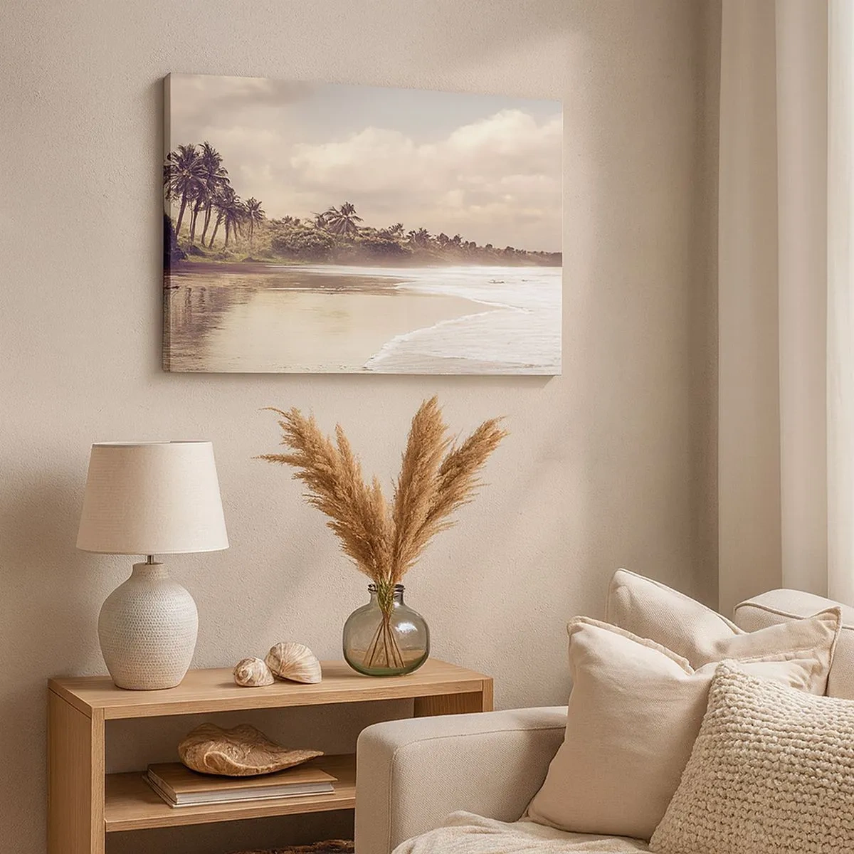 Impression sur toile - Image sur toile - Une plage avec des palmiers et des vagues douces le matin - 70x50cm - La caresse des vagues - Décoration murale moderne pour le salon et la chambre ARTTOR