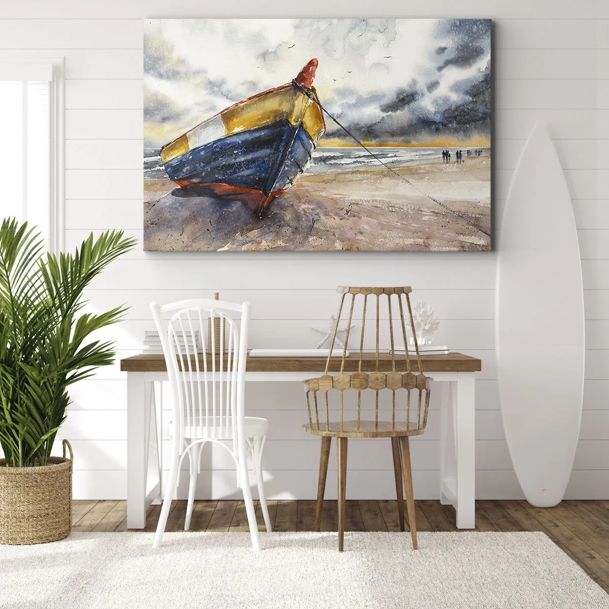 Impression sur toile - Image sur toile - Un bateau pittoresque sur la plage sous un ciel nuageux - 70x50cm - Repos sur le rivage - Décoration murale moderne pour le salon et la chambre ARTTOR