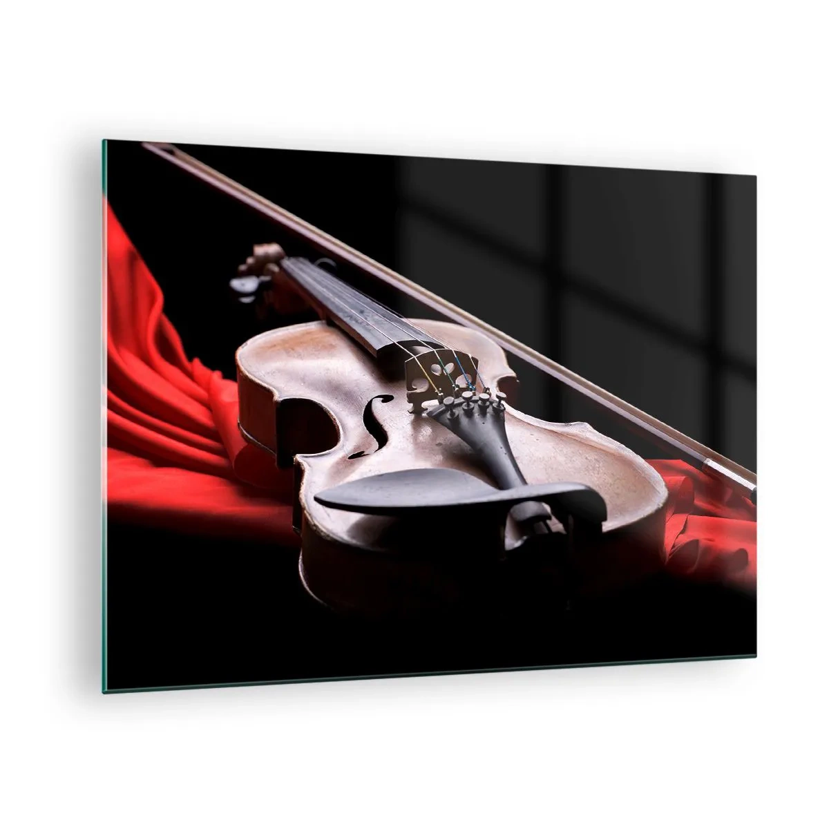 Impression sur verre - Image sur verre - Violon sur tissu rouge sur fond noir - 70x50cm - Musique des sentiments - Décoration murale moderne pour le salon et la chambre ARTTOR