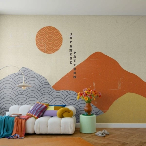 Papier Peint Photo Premium Sand - Motif japonais avec des montagnes et du soleil dans un style géométrique - 100x70cm - Dans l'esprit japonais - Décoration murale moderne pour le salon et la chambre ARTTOR
