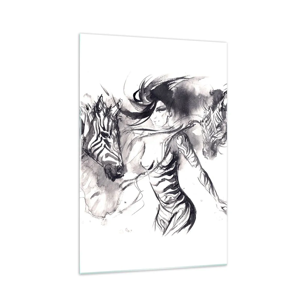 Impression sur verre - Image sur verre - Une femme dans une danse dynamique avec des zèbres dans une esthétique noir et blanc - 70x100cm - Danse avec les zèbres - Décoration murale moderne pour le salon et la chambre ARTTOR