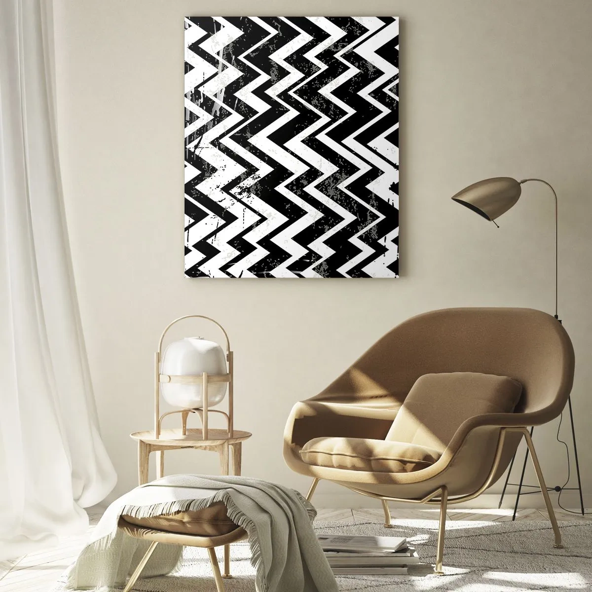 Impression sur verre - Image sur verre - Un motif en zigzag noir et blanc avec une composition et une texture dynamiques. - 50x70cm - Zig-blanc, zag-noir - Décoration murale moderne pour le salon et la chambre ARTTOR