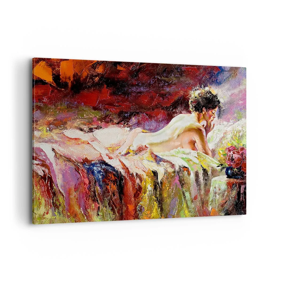 Impression sur toile - Image sur toile - Une femme allongée sur un lit sur un fond de couleurs abstraites. - 100x70cm - Vénus en pensée - Décoration murale moderne pour le salon et la chambre ARTTOR