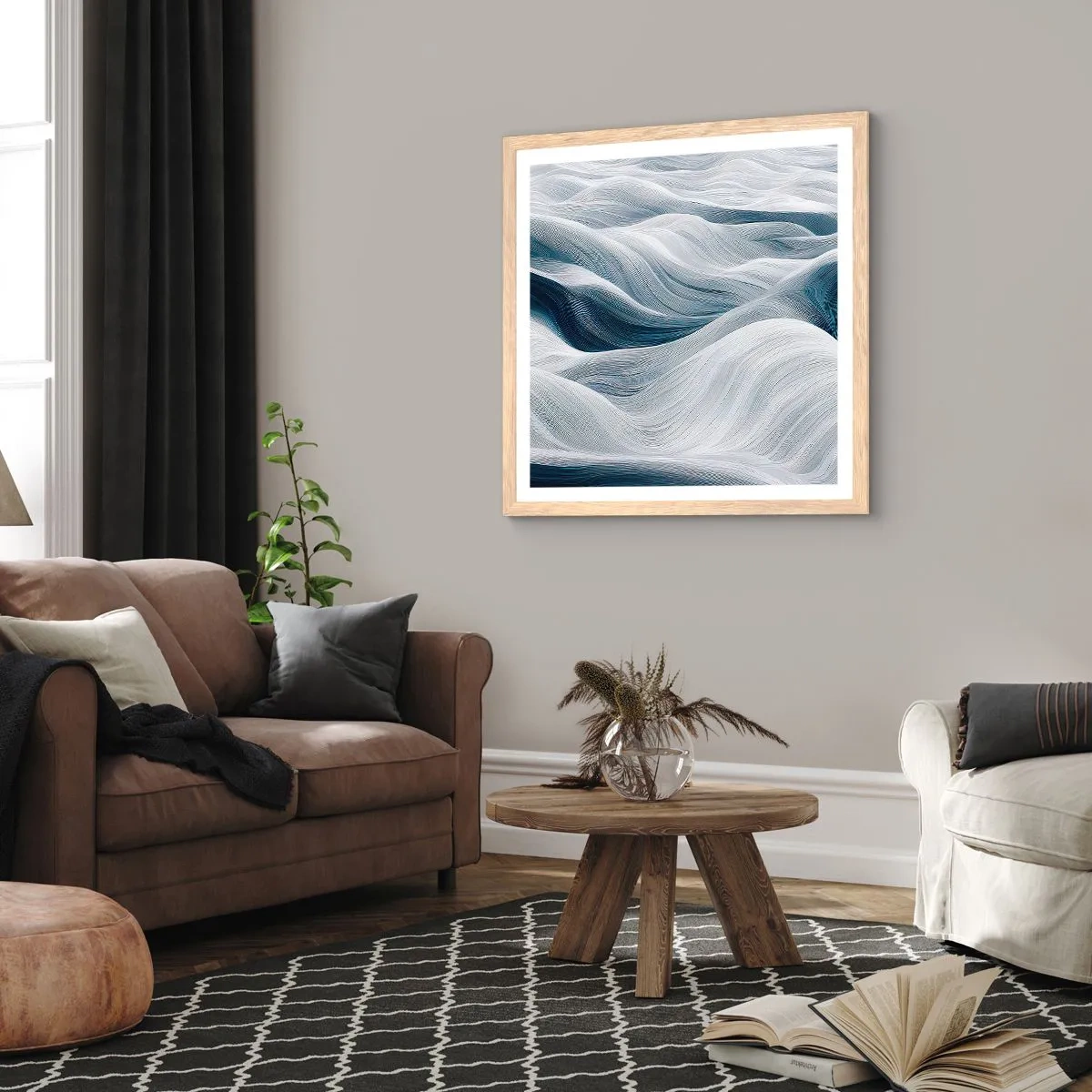 Affiche dans un chêne clair - Poster - Vagues blanches et bleues - 60x60 cm