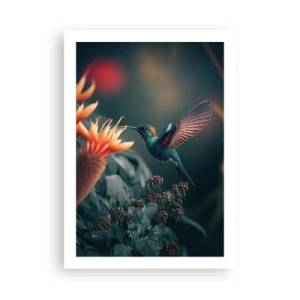 Affiche - Poster - Un colibri coloré près des fleurs parmi la verdure - 50x70cm - une vie vraiment colorée - Décoration murale moderne pour le salon et la chambre ARTTOR