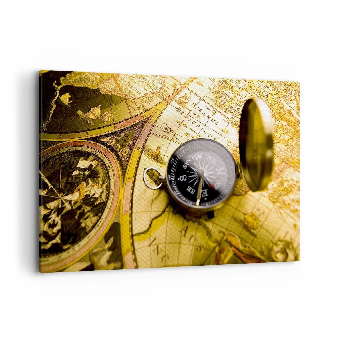 Impression sur toile - Image sur toile - Une boussole antique sur fond d'une vieille carte du monde - 120x80cm - Ou peut-être jusqu'au bout du monde ? - Décoration murale moderne pour le salon et la chambre ARTTOR