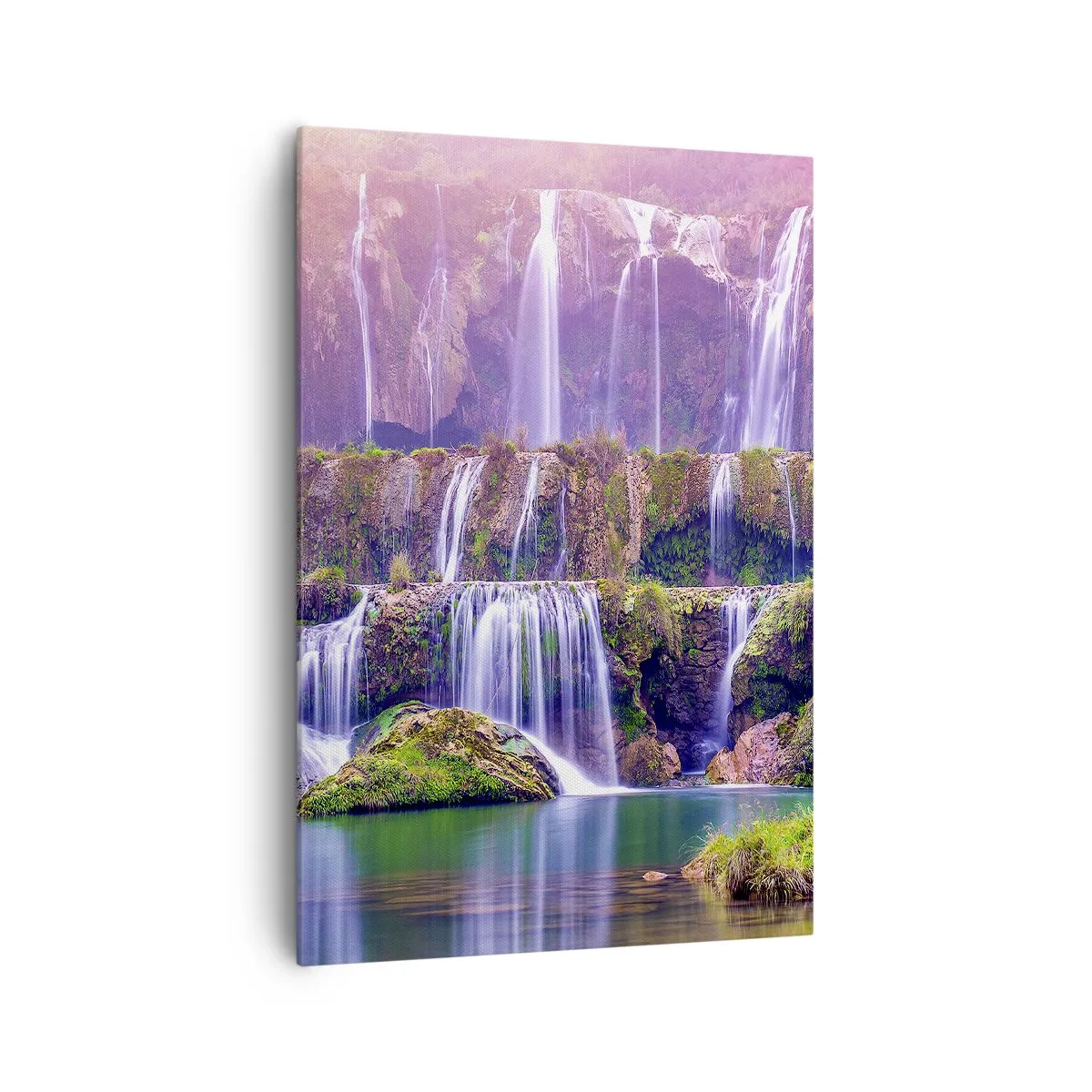 Impression sur toile - Image sur toile - Cascades entourées de verdure avec un éclairage pastel - 70x100cm - Escalier vers le ciel - Décoration murale moderne pour le salon et la chambre ARTTOR