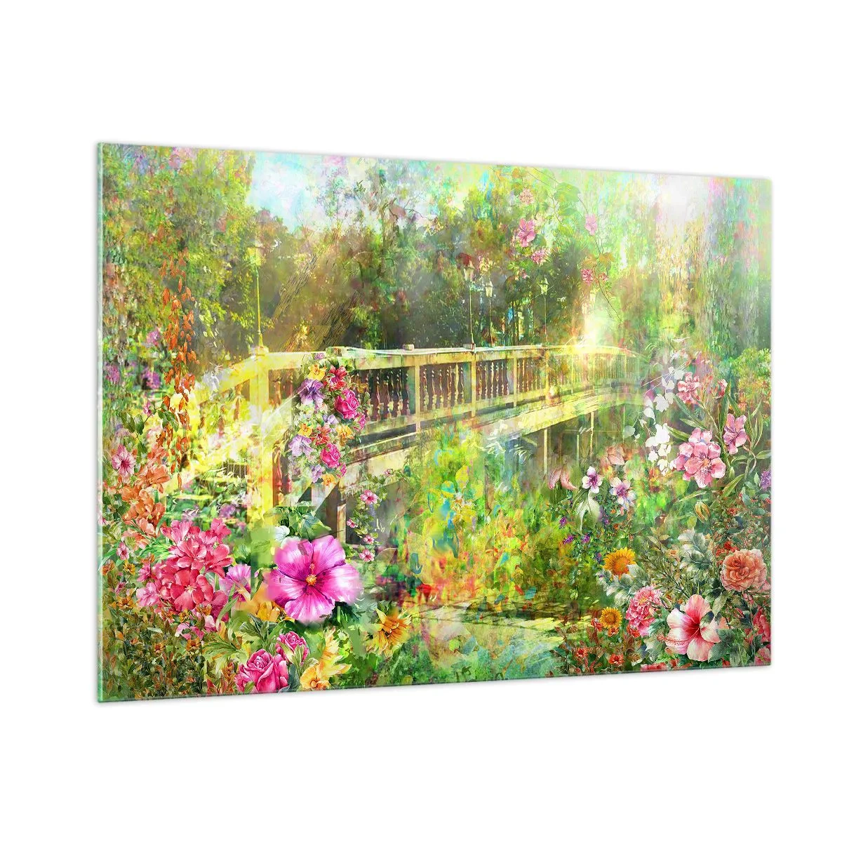 Impression sur verre - Image sur verre - Un pont entouré d'une végétation luxuriante et de fleurs colorées - 100x70cm - Le soupire d'un pont de printemps - Décoration murale moderne pour le salon et la chambre ARTTOR
