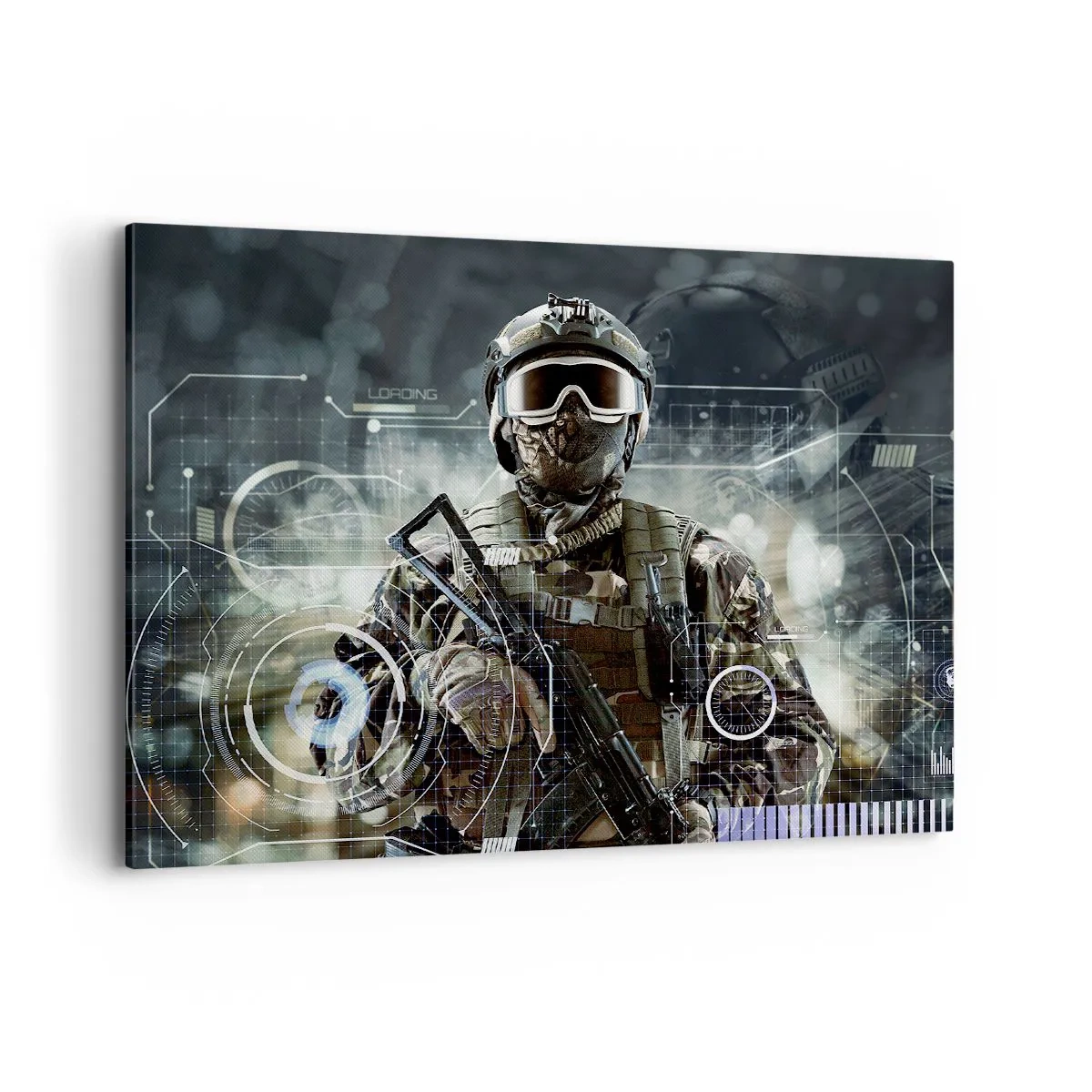 Impression sur toile - Image sur toile - Un soldat portant un casque futuriste avec une arme à feu en arrière-plan de la technologie. - 100x70cm - Puissance sans limite - Décoration murale moderne pour le salon et la chambre ARTTOR