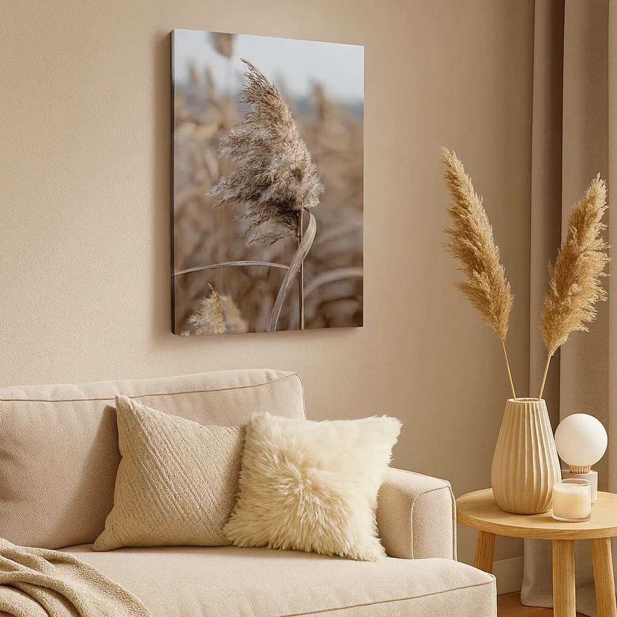 Impression sur toile - Image sur toile - Graminées délicates dans des tons beiges sur fond de nature - 50x70cm - Il est temps de s'envoler avec le vent - Décoration murale moderne pour le salon et la chambre ARTTOR