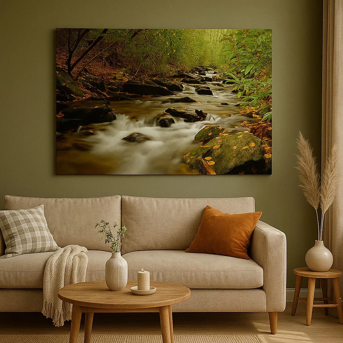 Impression sur toile - Image sur toile - Un ruisseau forestier coulant entre des pierres entourées de verdure - 70x50cm - Comme de l'argent liquide - Décoration murale moderne pour le salon et la chambre ARTTOR