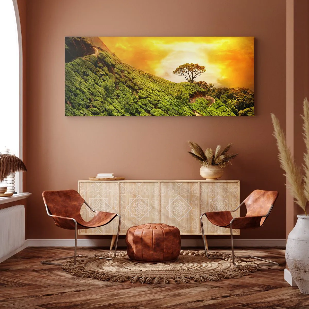 Impression sur toile - Image sur toile - Collines verdoyantes de plantations de thé au coucher du soleil - 120x50cm - Un chemin sinueux, une pente verte - Décoration murale moderne pour le salon et la chambre ARTTOR