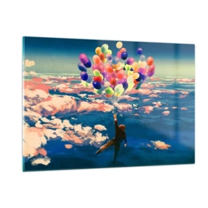 Impression sur verre - Image sur verre - Une silhouette portée dans les airs par des ballons colorés - 120x80cm - Un rêve d'enfant devenu réalité - Décoration murale moderne pour le salon et la chambre ARTTOR