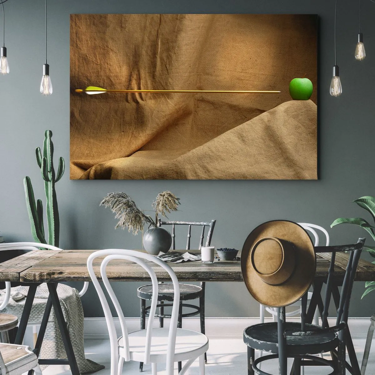 Impression sur toile - Image sur toile - Pomme verte sur tissu avec une flèche créant une composition - 70x50cm - Invoquer l'esprit de Guillaume Tell - Décoration murale moderne pour le salon et la chambre ARTTOR