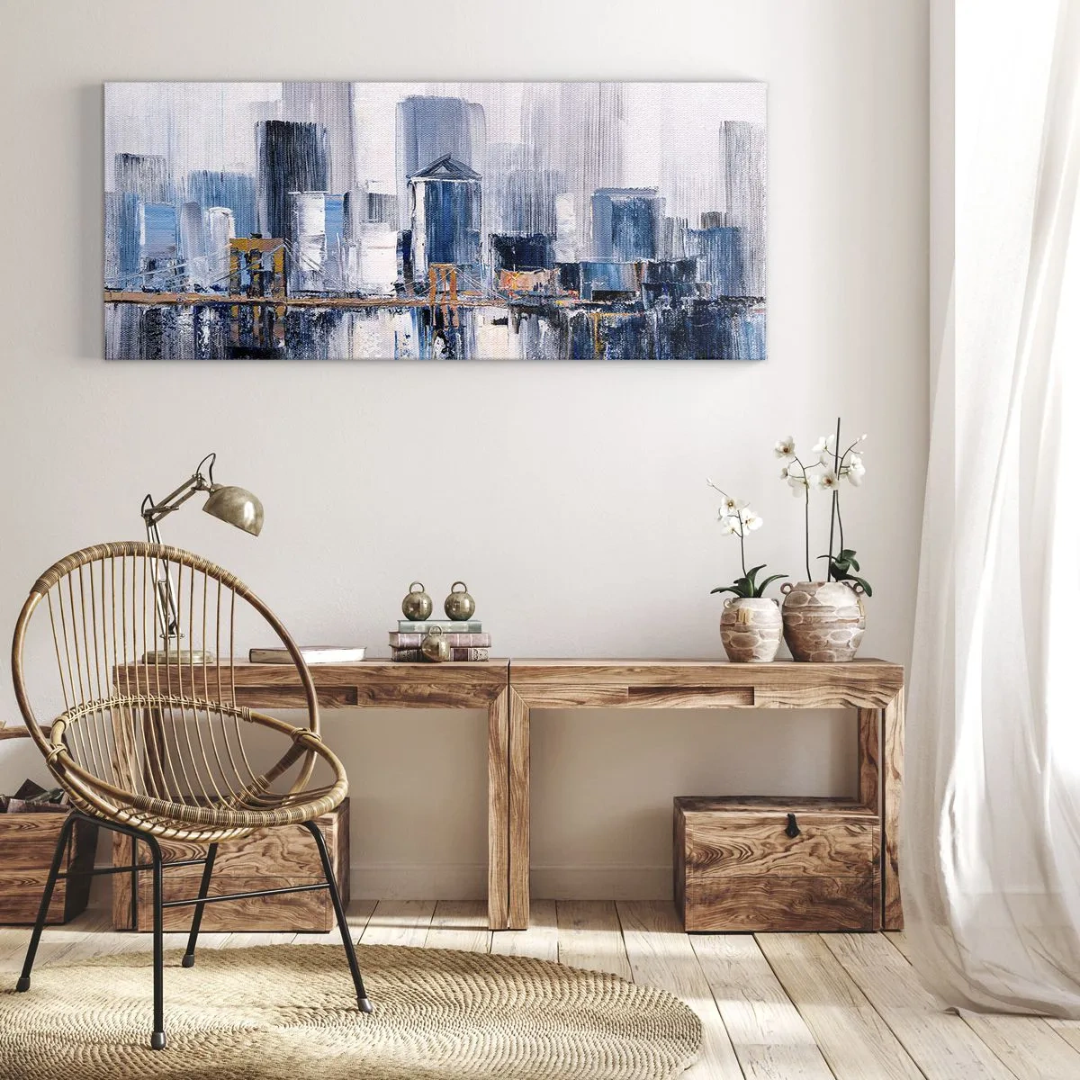 Impression sur toile - Image sur toile - Panorama urbain abstrait avec des nuances de bleu et de jaune - 140x50cm - Impression new-yorkaise - Décoration murale moderne pour le salon et la chambre ARTTOR