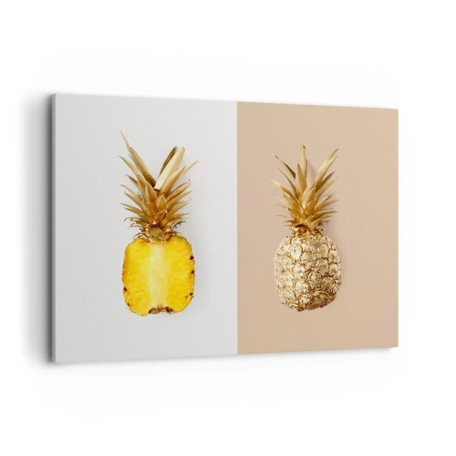 Impression sur toile - Image sur toile - La moitié d'un ananas frais et doré sur un fond contrasté - 100x70cm - Ananas pour nous - Décoration murale moderne pour le salon et la chambre ARTTOR