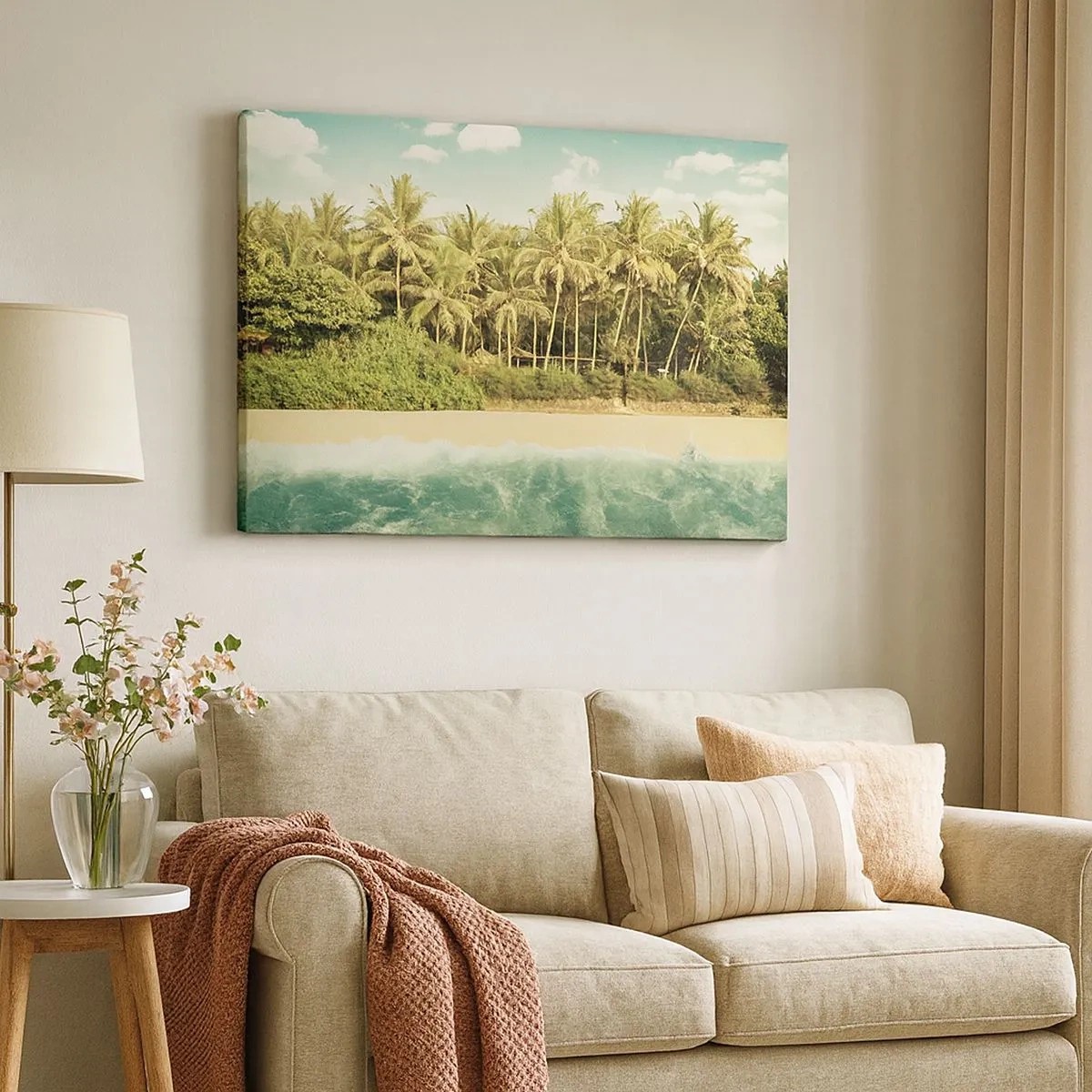 Impression sur toile - Image sur toile - Plage tropicale avec palmiers et mer turquoise - 70x50cm - Peut-être ici? - Décoration murale moderne pour le salon et la chambre ARTTOR