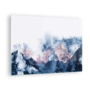 Impression sur verre - Image sur verre - Montagnes à l'aquarelle dans des tons pastel de bleu et de rose - 70x50cm - Ce sont des sommets ! - Décoration murale moderne pour le salon et la chambre ARTTOR
