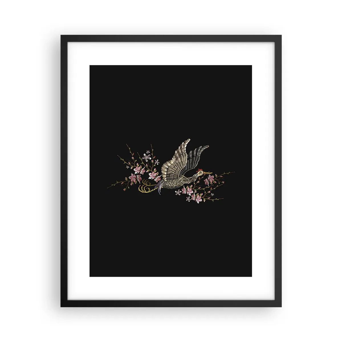 Affiche dans un cadre noir - Poster - Oiseau brodé exotique - 40x50 cm