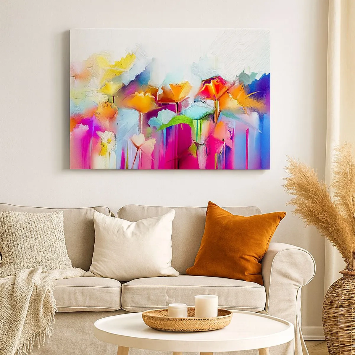 Impression sur toile - Image sur toile - Fleurs colorées abstraites sur fond clair - 70x50cm - L'arc-en-ciel s'est épanoui - Décoration murale moderne pour le salon et la chambre ARTTOR