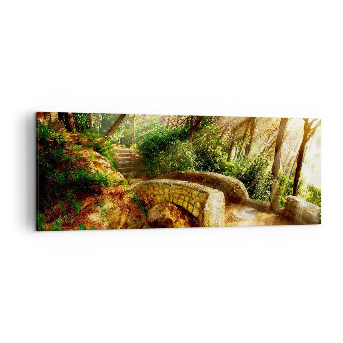 Impression sur toile - Image sur toile - Paysage forestier avec des rayons de soleil et un pont de pierre - 140x50cm - Directement du pont dans une forêt de conte de fées - Décoration murale moderne pour le salon et la chambre ARTTOR