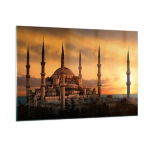 Impression sur verre - Image sur verre - La Mosquée Bleue sur fond de coucher de soleil - 120x80cm - Dieu est grand - Décoration murale moderne pour le salon et la chambre ARTTOR