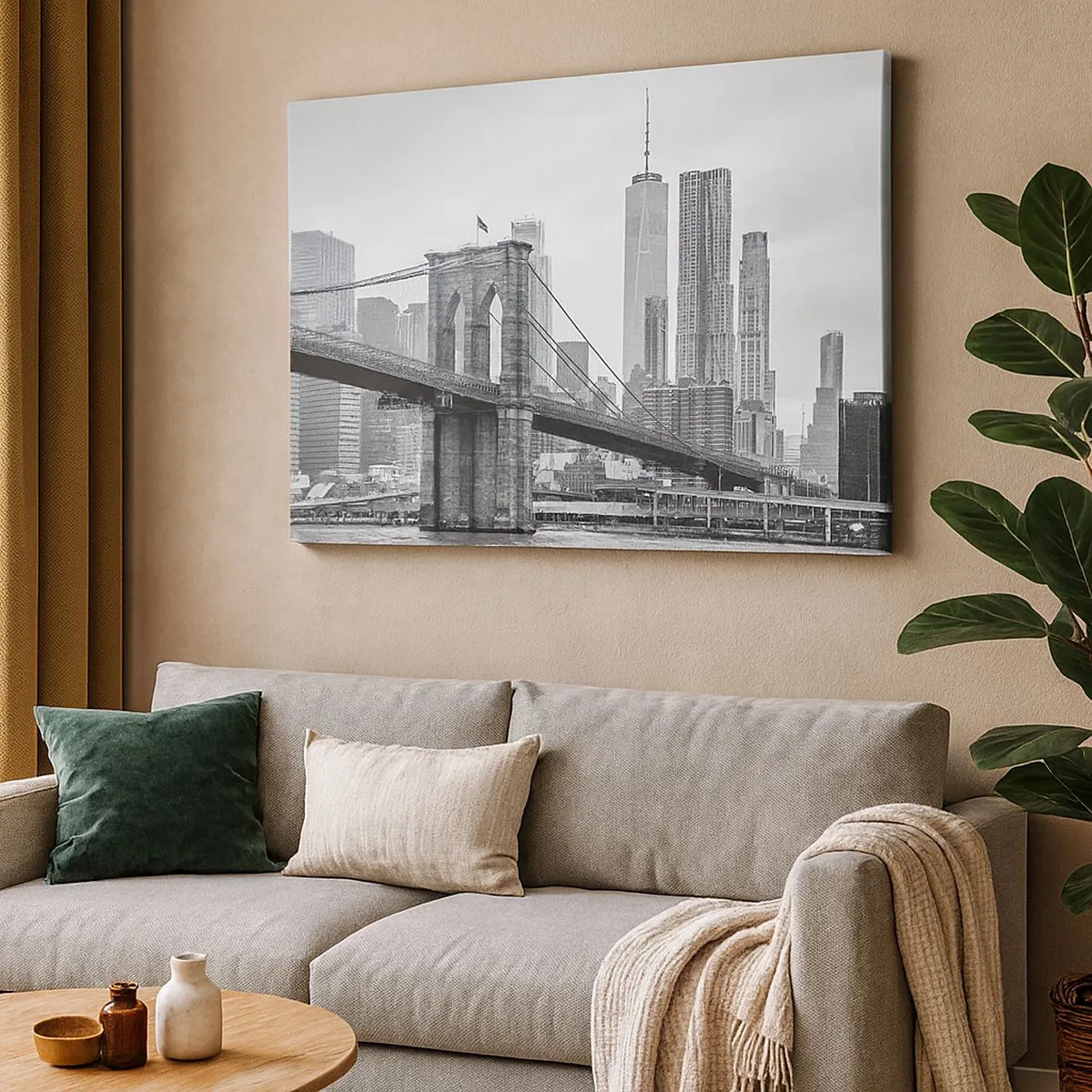 Impression sur toile - Image sur toile - Pont de Brooklyn avec les gratte-ciel de New York en arrière-plan - 70x50cm - Climat New-Yorkais - Décoration murale moderne pour le salon et la chambre ARTTOR