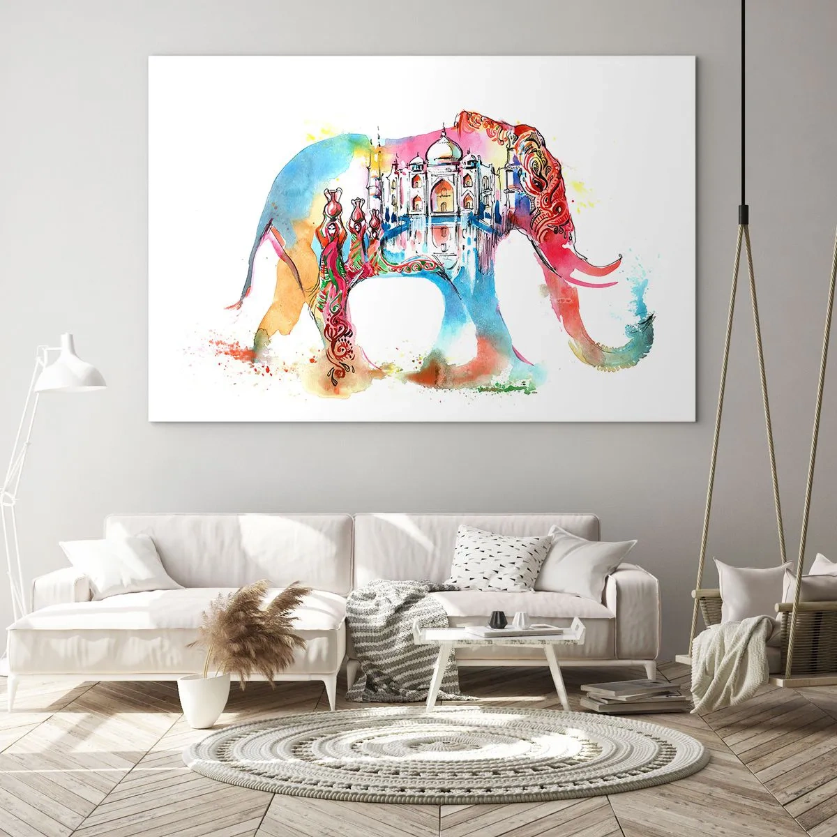 Impression sur verre - Image sur verre - Aquarelle colorée d'un éléphant avec un motif indien - 120x80cm - Inde - l'aura de l'amour - Décoration murale moderne pour le salon et la chambre ARTTOR