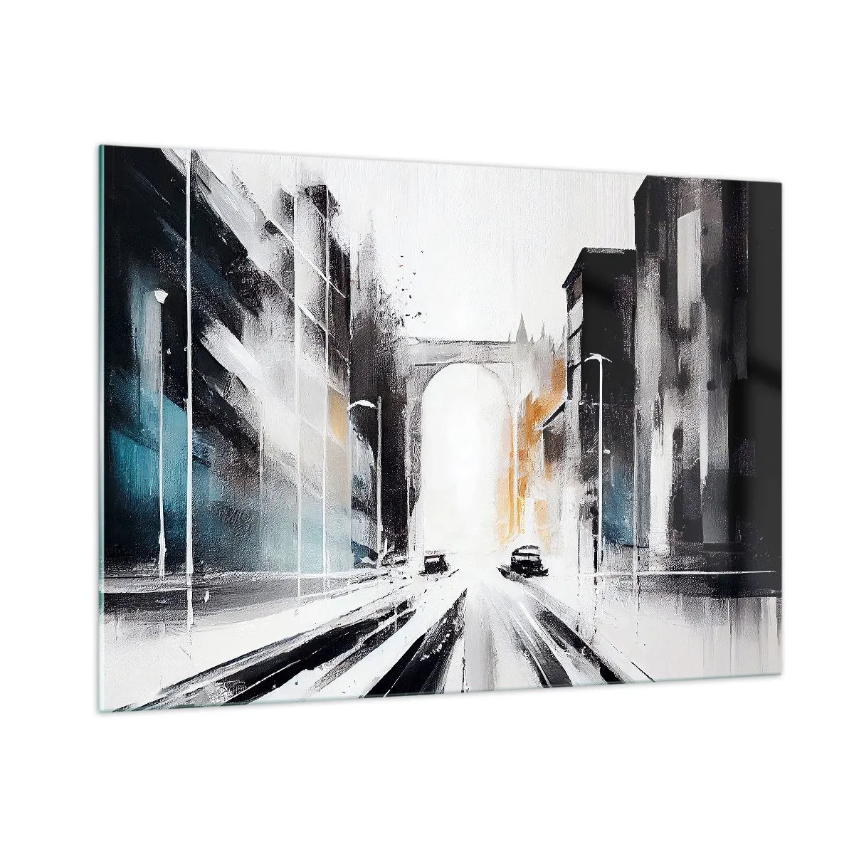 Impression sur verre - Image sur verre - Une rue de ville dynamique avec des voitures et une arche en arrière-plan dans un style pictural. - 100x70cm - Étude de ville : architecture et mouvement - Décoration murale moderne pour le salon et la chambre ARTT