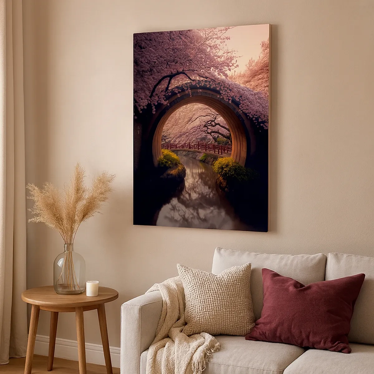 Impression sur toile - Image sur toile - Un pont japonais traditionnel entouré de fleurs de cerisier - 50x70cm - Printemps japonais - Décoration murale moderne pour le salon et la chambre ARTTOR