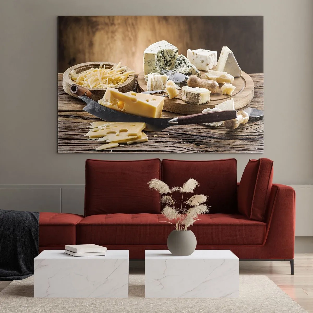 Impression sur verre - Image sur verre - Plateau de fromages avec couteau sur table rustique - 120x80cm - Sourire au fromage - Décoration murale moderne pour le salon et la chambre ARTTOR