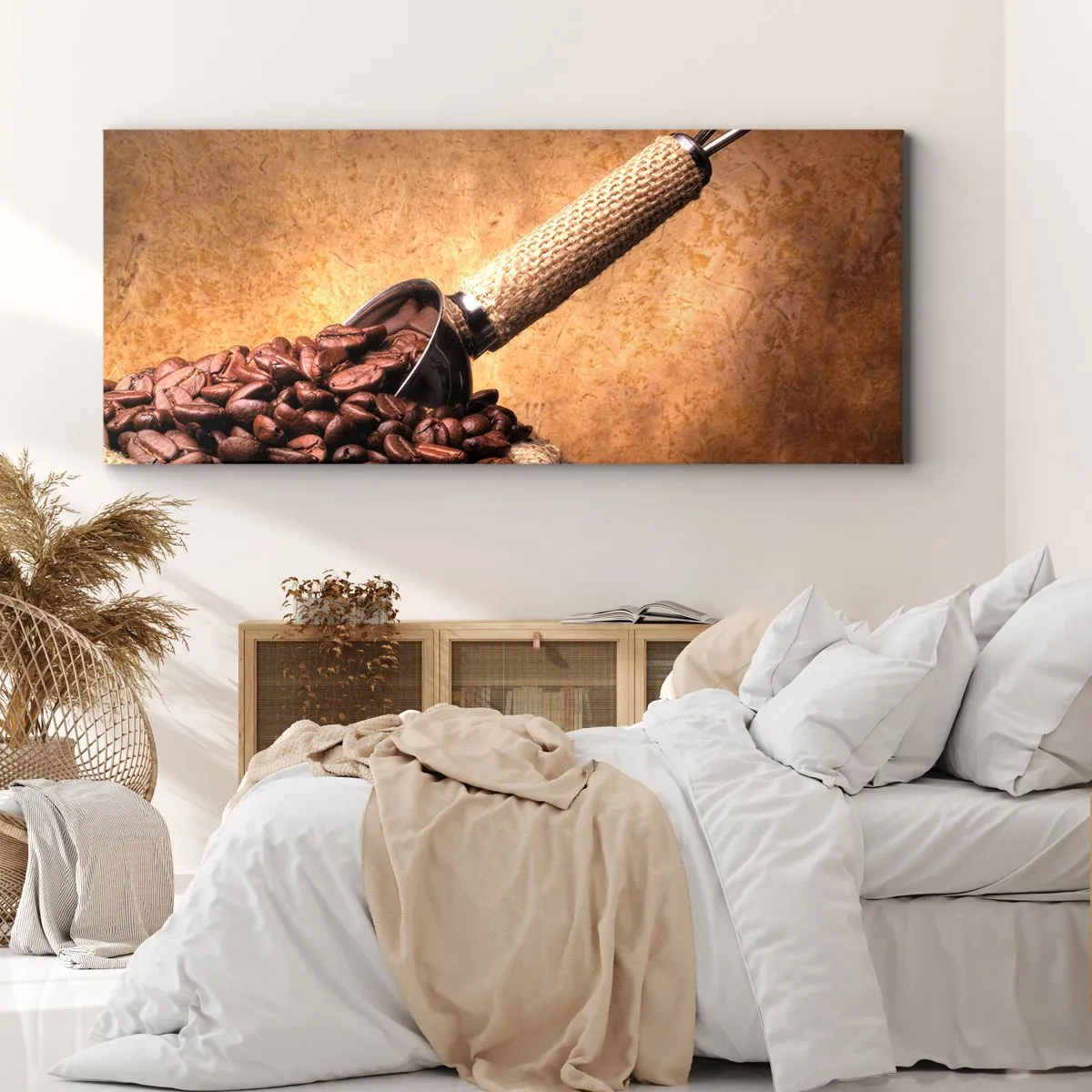 Impression sur toile - Image sur toile - Grains de café dans un sac en jute avec une cuillère en métal - 160x50cm - A la source de la saveur - Décoration murale moderne pour le salon et la chambre ARTTOR