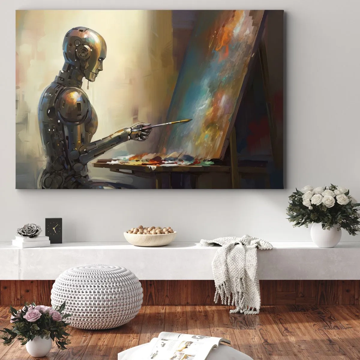 Impression sur toile - Image sur toile - Un robot peignant sur une toile dans un style artistique - 100x70cm - L'art du futur - Décoration murale moderne pour le salon et la chambre ARTTOR