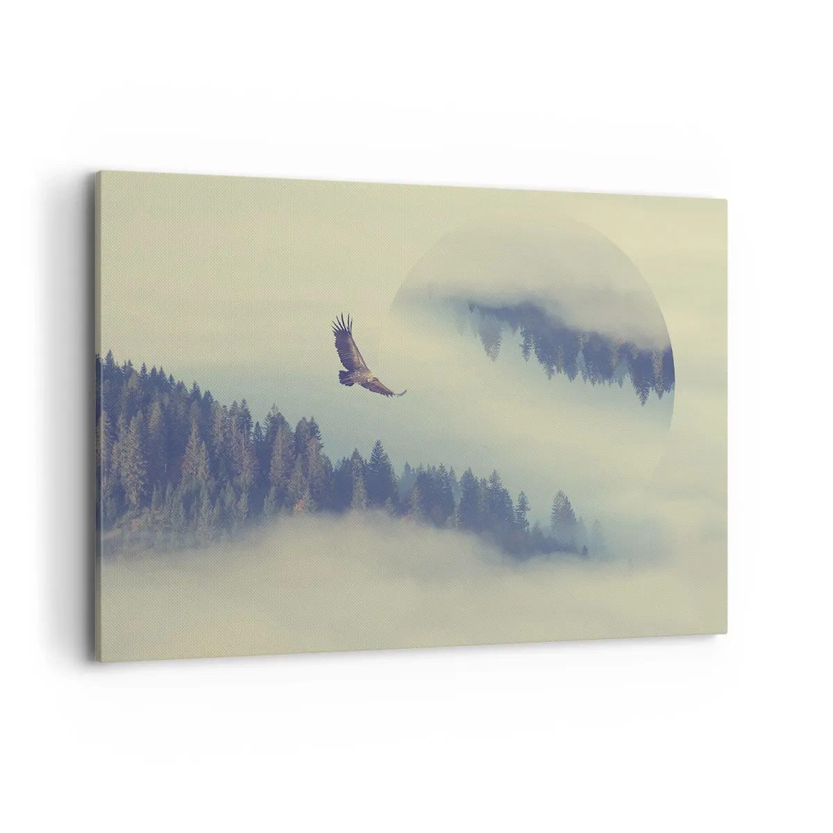 Impression sur toile - Image sur toile - Un aigle en vol sur fond de montagnes brumeuses avec un motif circulaire artistique - 120x80cm - J'ai vu l'ombre d'un aigle - Décoration murale moderne pour le salon et la chambre ARTTOR