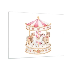 Impression sur verre - Image sur verre - Un carrousel rose avec des chevaux de style enfantin sur fond blanc - 70x50cm - Le doux monde de l'enfance - Décoration murale moderne pour le salon et la chambre ARTTOR