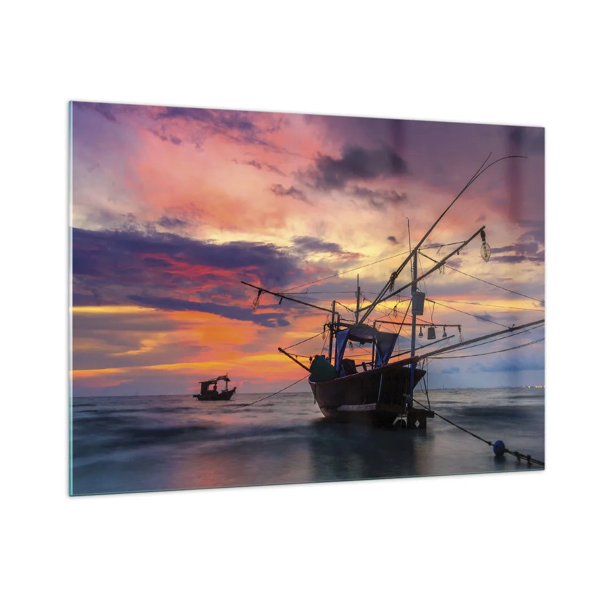 Impression sur verre - Image sur verre - Bateaux de pêche en mer au coucher du soleil - 100x70cm - Soirée exotique - Décoration murale moderne pour le salon et la chambre ARTTOR