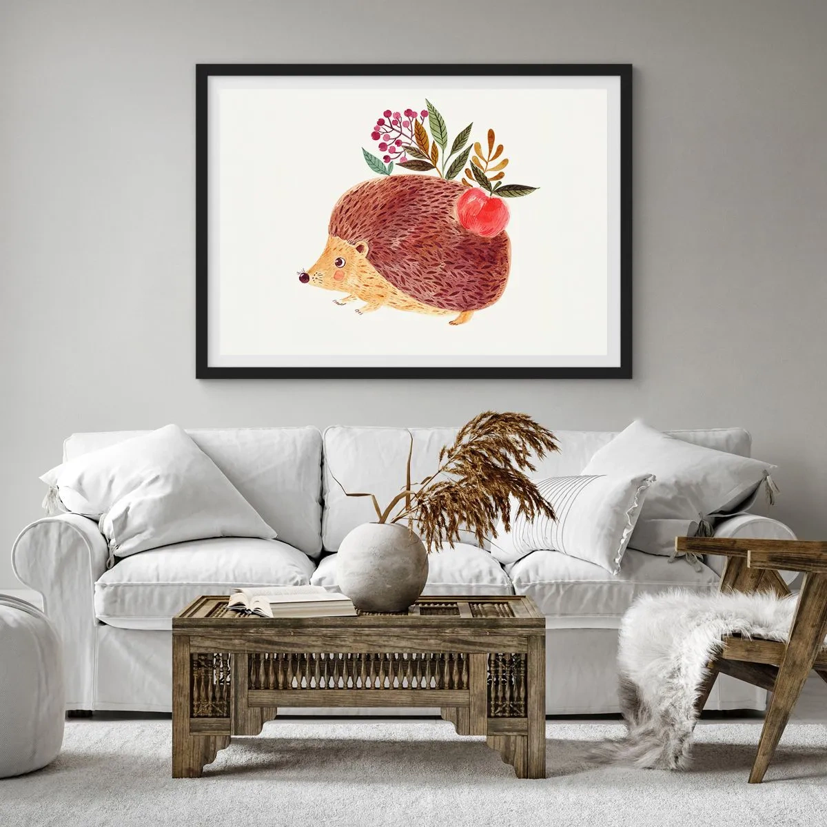 Affiche dans un cadre noir - Poster - Un hérisson mignon avec une pomme et des plantes dans un style illustratif - 100x70cm - Et tu m’apprécies déjà - Décoration murale moderne pour le salon et la chambre ARTTOR