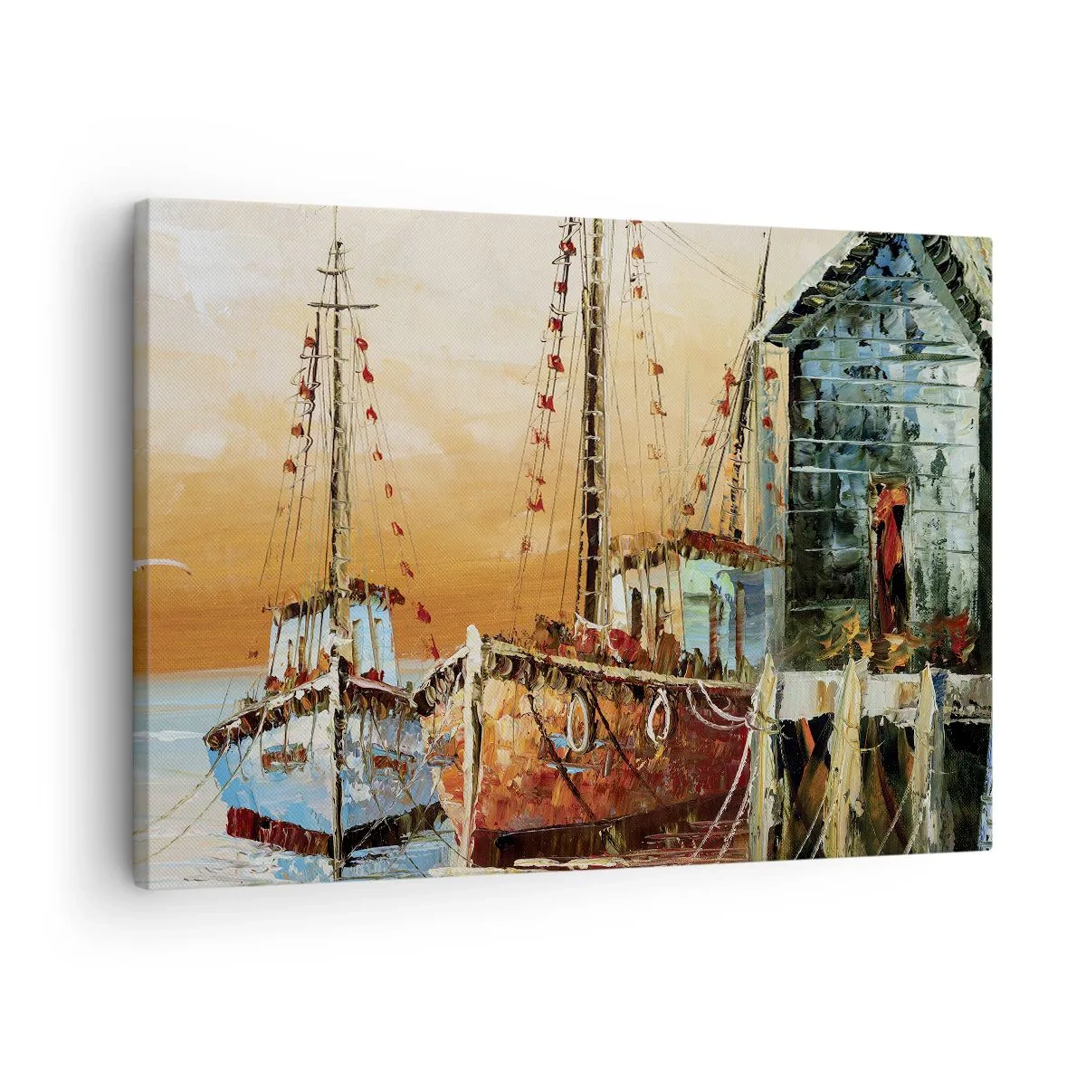 Impression sur toile - Image sur toile - Bateaux sur le rivage dans la chaude lumière du coucher de soleil - 70x50cm - Retour tranquille - Décoration murale moderne pour le salon et la chambre ARTTOR