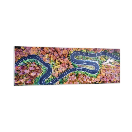 Impression sur verre - Image sur verre - Une route sinueuse dans une forêt d'automne vue à vol d'oiseau - 160x50cm - Route sinueuse à travers la forêt - Décoration murale moderne pour le salon et la chambre ARTTOR