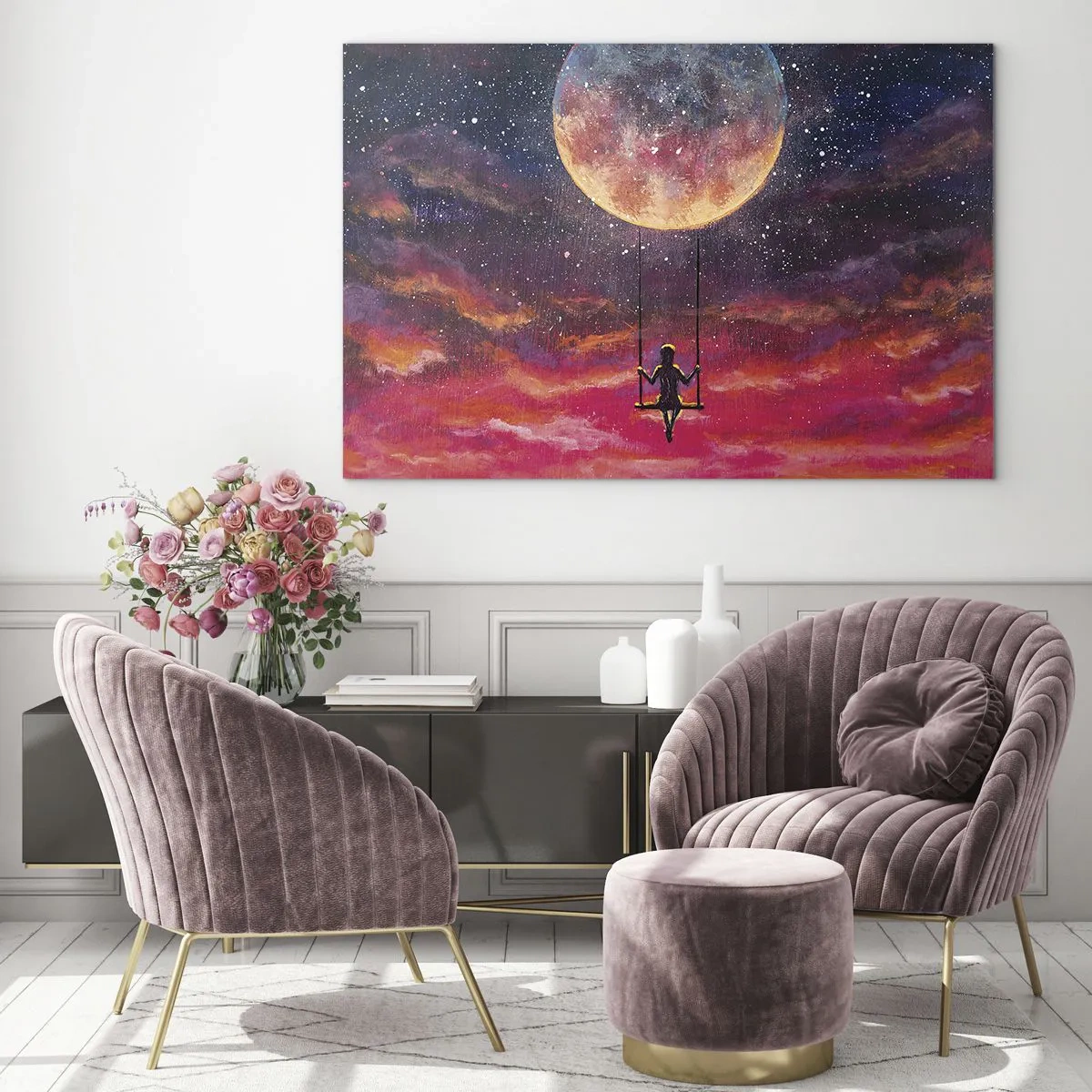 Impression sur verre - Image sur verre - Une fille sur une balançoire suspendue sous la lune - 100x70cm - Se balancer dans les nuages - Décoration murale moderne pour le salon et la chambre ARTTOR