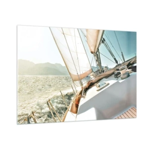 Impression sur verre - Image sur verre - Un voilier sur fond de montagnes et de ciel bleu - 100x70cm - Toutes voiles dehors - Décoration murale moderne pour le salon et la chambre ARTTOR