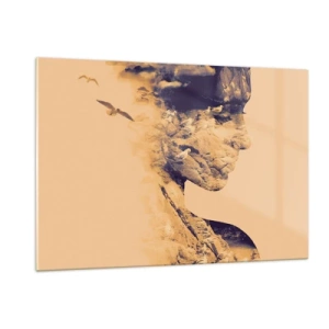 Impression sur verre - Image sur verre - Silhouette d'une femme avec un motif de paysage et d'oiseaux - 120x80cm - Beauté de la nature - Décoration murale moderne pour le salon et la chambre ARTTOR