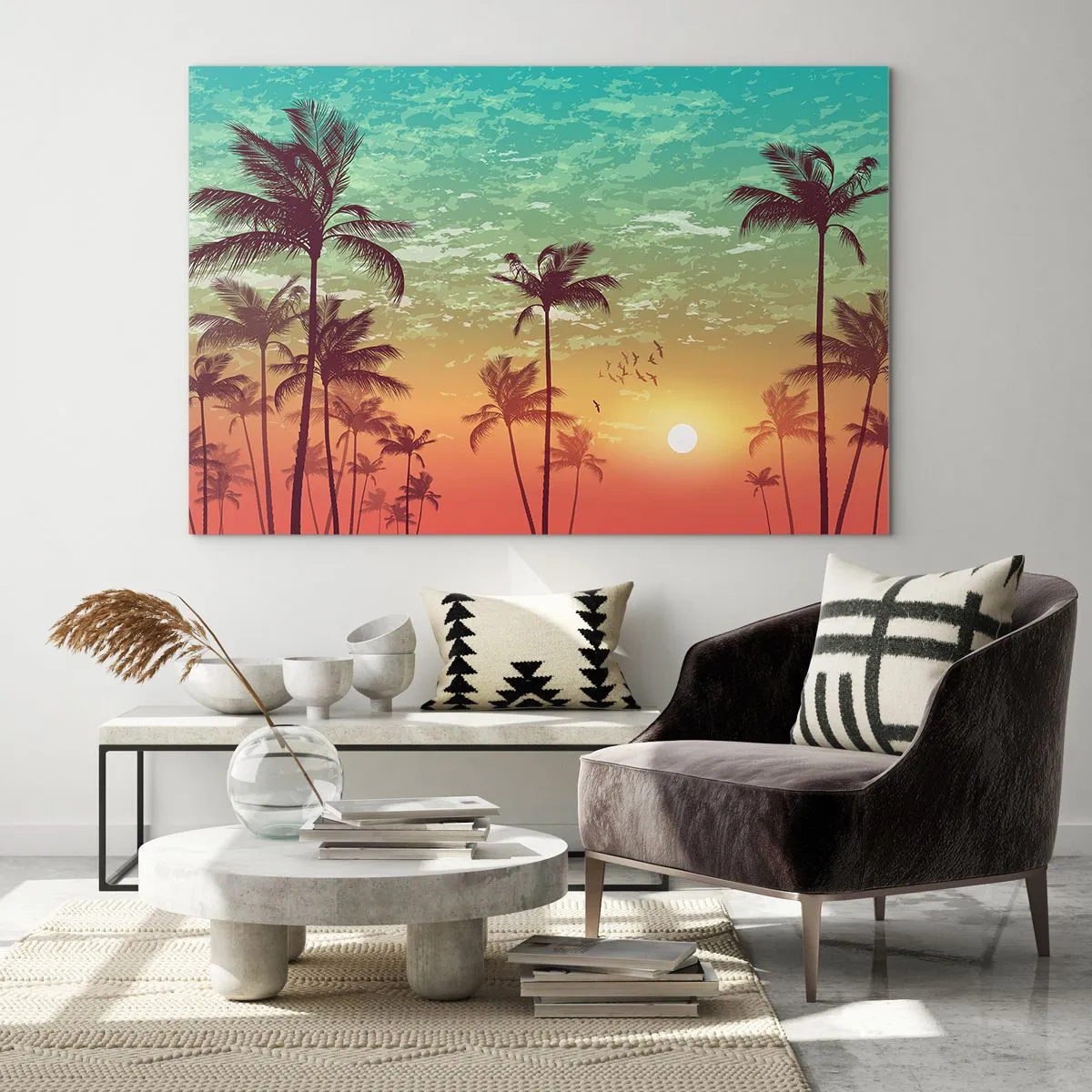 Impression sur verre - Image sur verre - Illustration de palmiers au coucher du soleil - 120x80cm - Ambiance tropicale - Décoration murale moderne pour le salon et la chambre ARTTOR