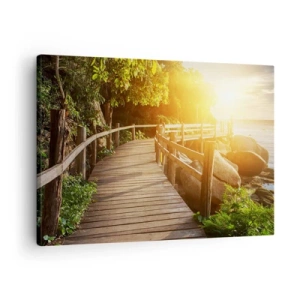 Impression sur toile - Image sur toile - Un pont en bois au milieu de la verdure menant à la mer sous les rayons du soleil - 70x50cm - Un autre tour, un autre miracle - Décoration murale moderne pour le salon et la chambre ARTTOR