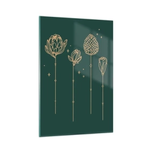 Impression sur verre - Image sur verre - Dessins dorés d'herbes sur fond vert foncé - 80x120cm - La famille Plante - Décoration murale moderne pour le salon et la chambre ARTTOR