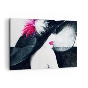Impression sur toile - Image sur toile - Femme élégante avec un chapeau à plumes - 120x80cm - Toujours un secret - Décoration murale moderne pour le salon et la chambre ARTTOR