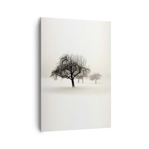 Impression sur toile - Image sur toile - Arbres dans un champ enneigé entouré de brouillard - 70x100cm - Un rêve hivernal - Décoration murale moderne pour le salon et la chambre ARTTOR