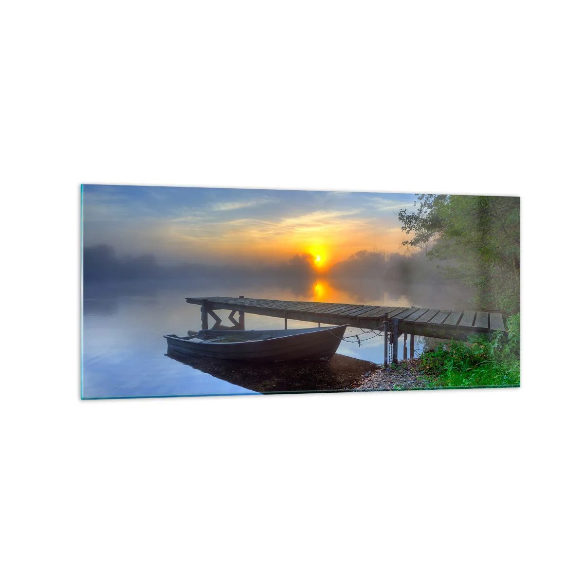 Impression sur verre - Image sur verre - Une jetée au bord du lac au lever du soleil avec un bateau sur le rivage - 120x50cm - Comment l'ordinaire se transforme en magie - Décoration murale moderne pour le salon et la chambre ARTTOR