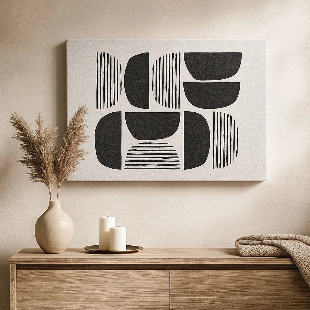 Impression sur toile - Image sur toile - Géométrie avec demi-cercles et lignes en noir sur fond clair - 70x50cm - Offres sans enthousiasme - Décoration murale moderne pour le salon et la chambre ARTTOR