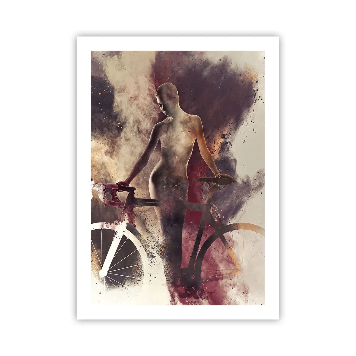 Affiche - Poster - Silhouette d'une femme avec un vélo dans un arrière-plan artistique et enfumé - 50x70cm - Une âme de vélo aux formes marbrées - Décoration murale moderne pour le salon et la chambre ARTTOR